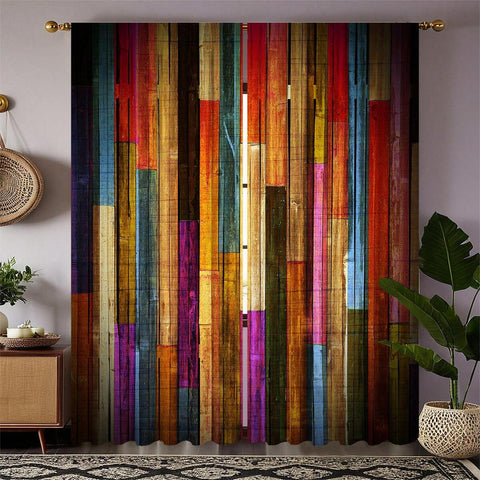 2pcs High Definition Digital Printed Rainbow Colorful Wooden Board Pattern Decorative Curtains, Made Of Polyester, Semi-Transparent For Privacy Protection, Fade-Resistant, Hand/Machine Washable, Suitable For Bedroom And Living Room Decoration